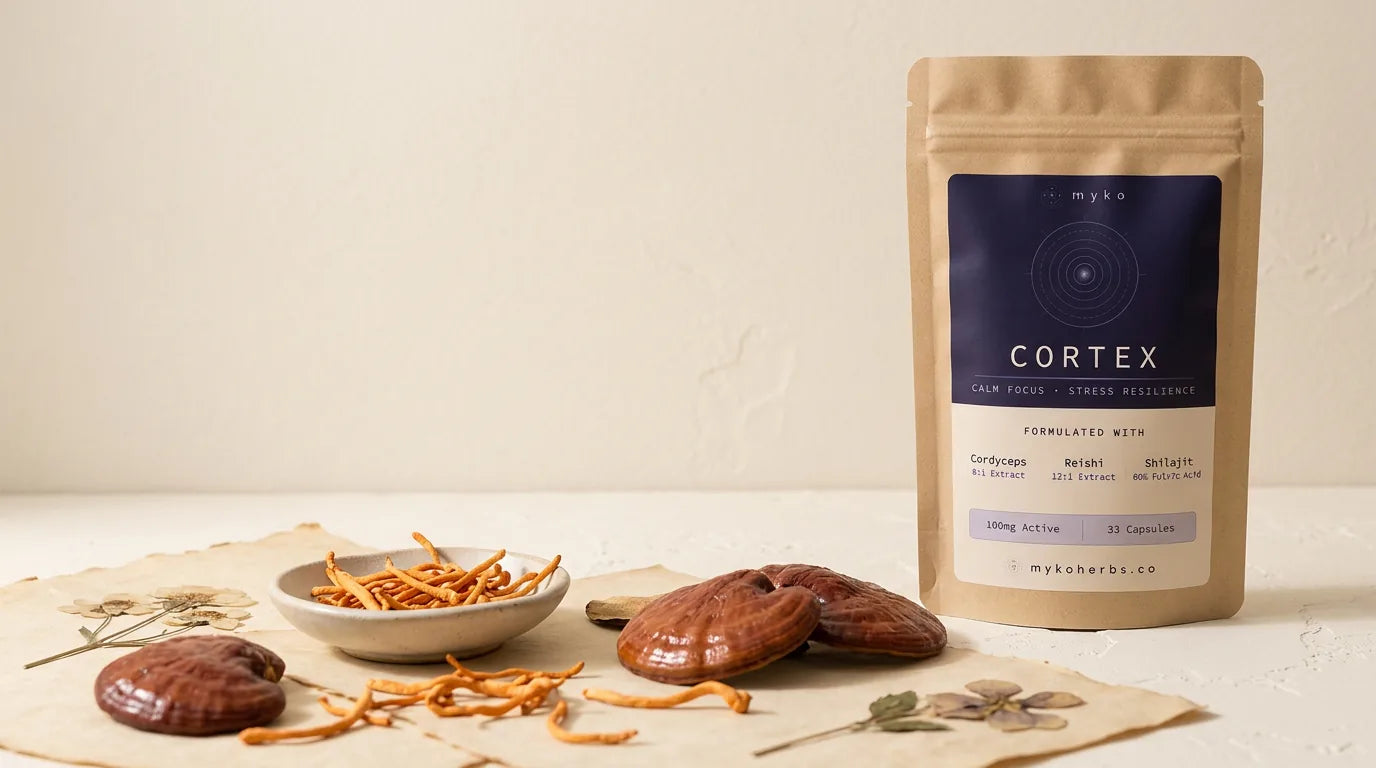 MYKO apothecary still life with reishi and cordyceps