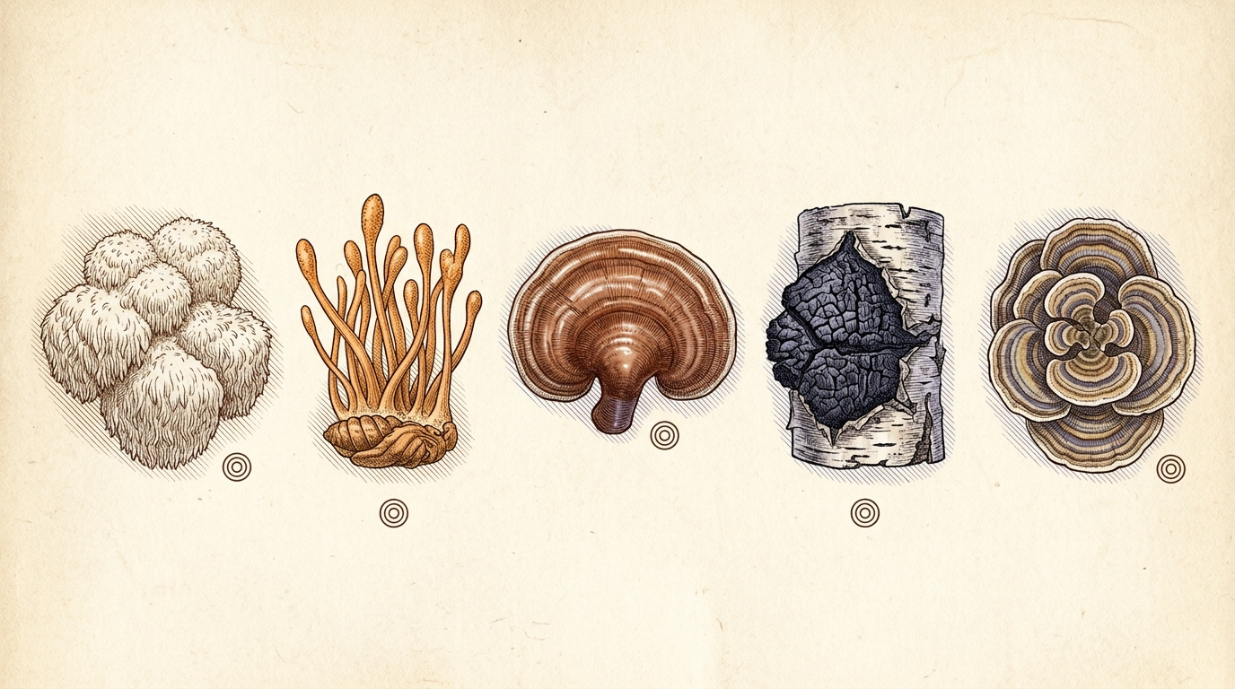 Five mushroom specimens engraving