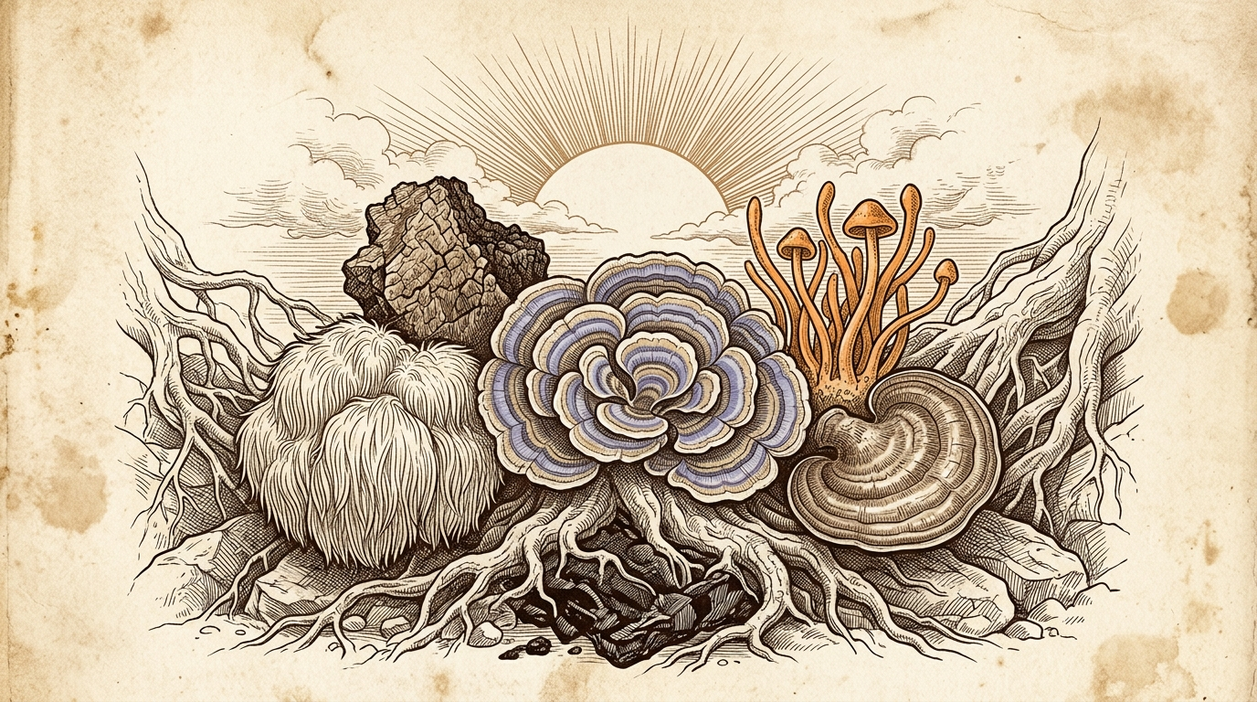 ADAPT apothecary still life with cordyceps and shilajit