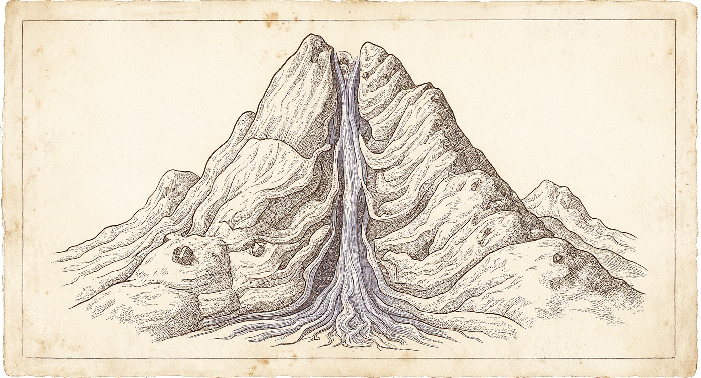Da Vinci-style engraving — geological cross-section of Himalayan rock with shilajit resin in fissures