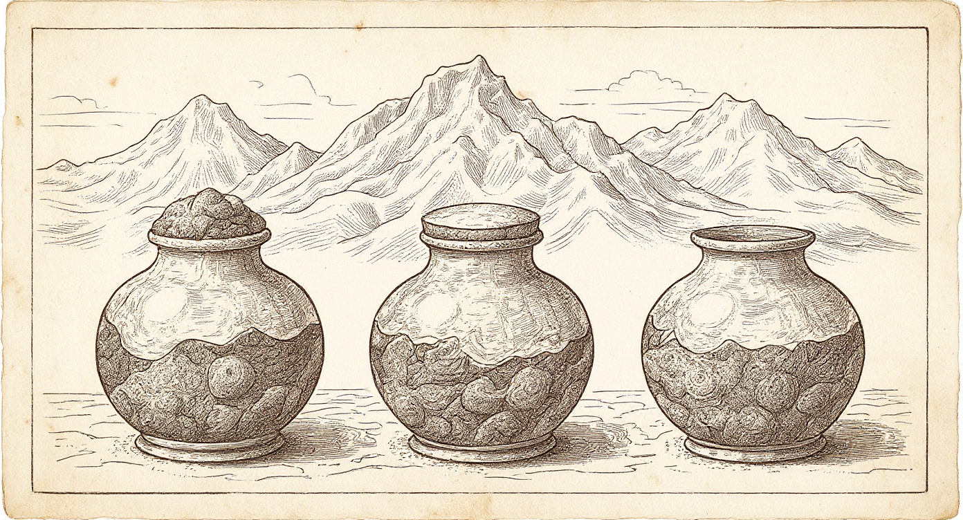 Da Vinci-style engraving — three apothecary jars with Altai, Himalayan, and Caucasian mountain silhouettes