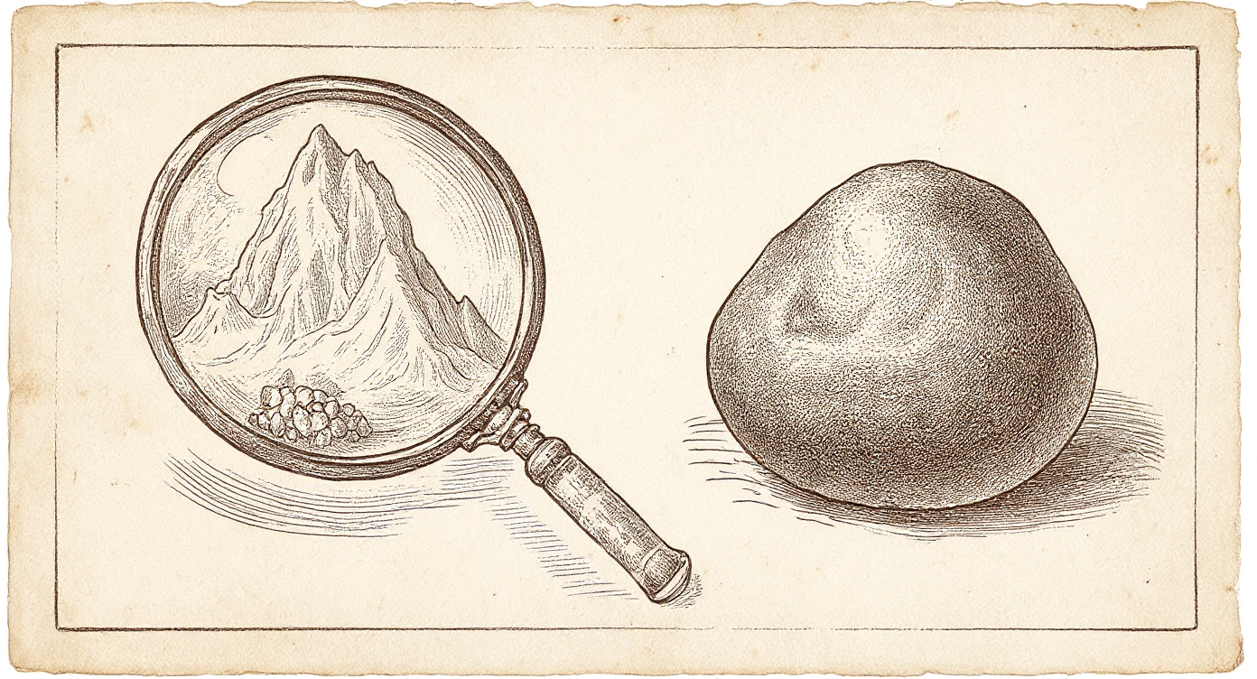 Da Vinci-style engraving — authentic vs. counterfeit shilajit specimens under a Renaissance magnifying glass