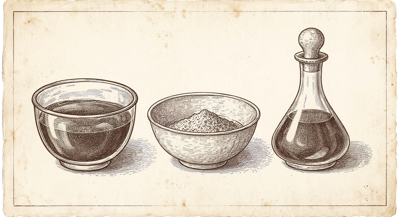 Da Vinci-style engraving — three antique vessels showing shilajit as resin, powder, and tincture