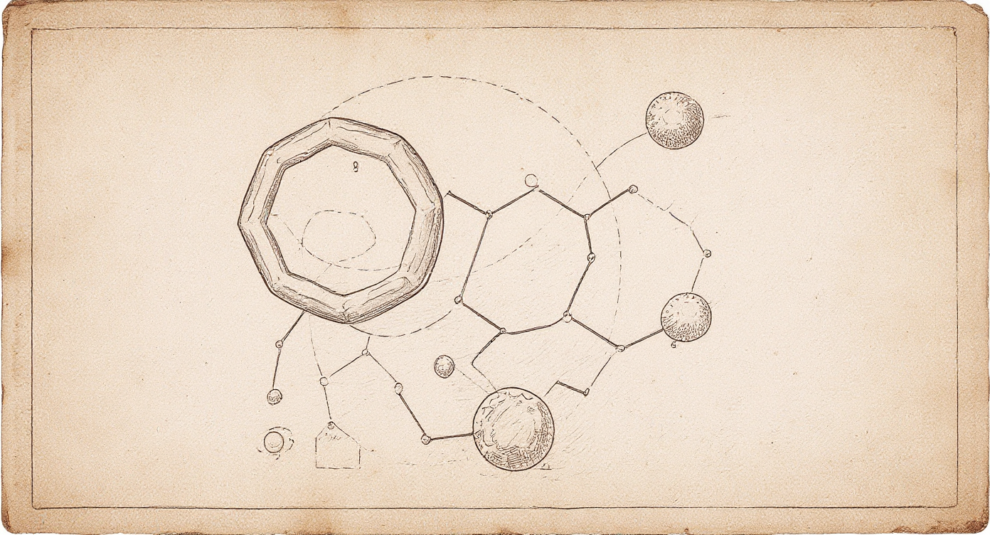 Da Vinci-style engraving — fulvic acid molecular diagram with orbiting mineral particles