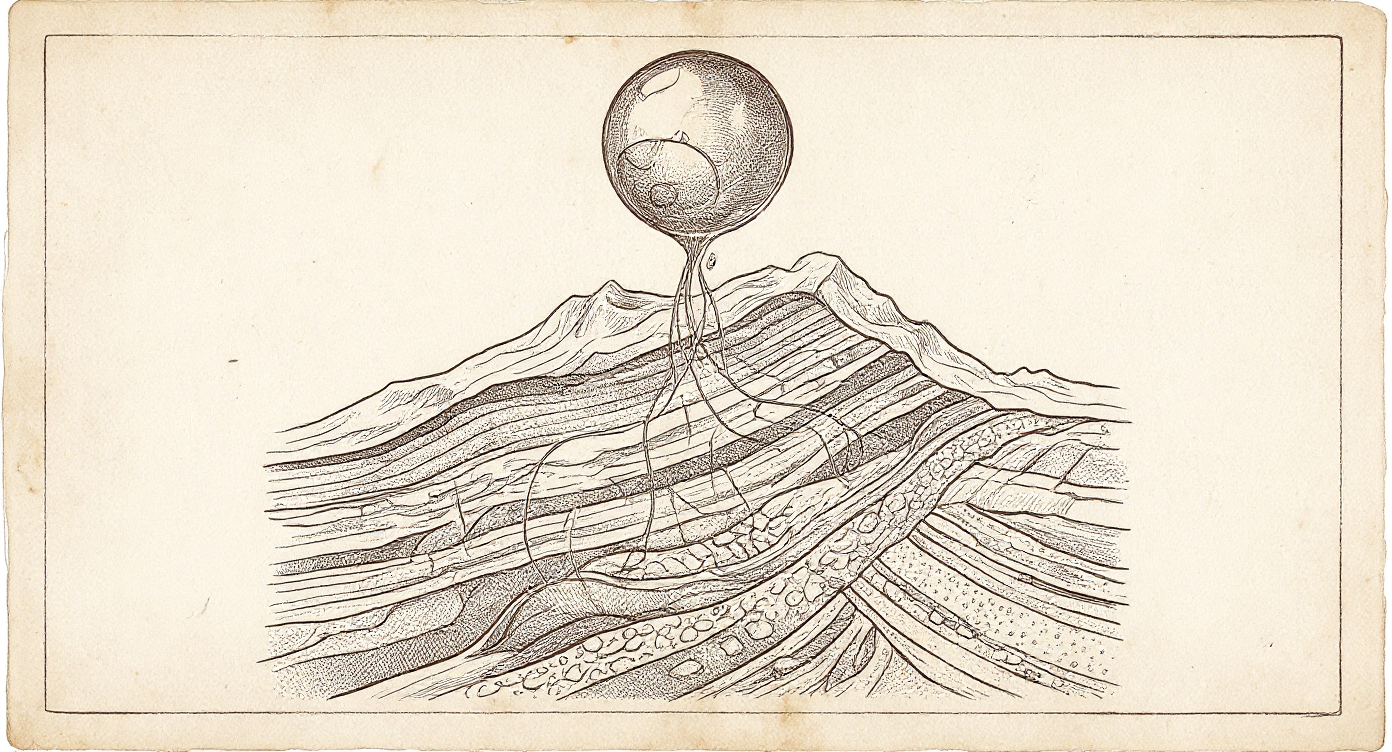 Da Vinci-style engraving — microscopic cross-section of layered humic-acid organic-mineral matrix
