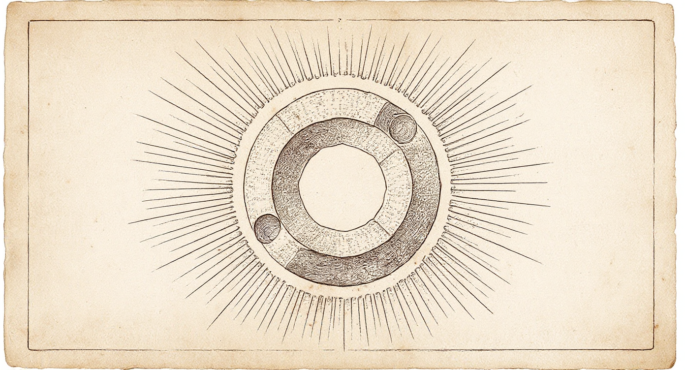 Da Vinci-style engraving — dibenzo-alpha-pyrones hexagonal molecular ring with radiating crystalline lattice
