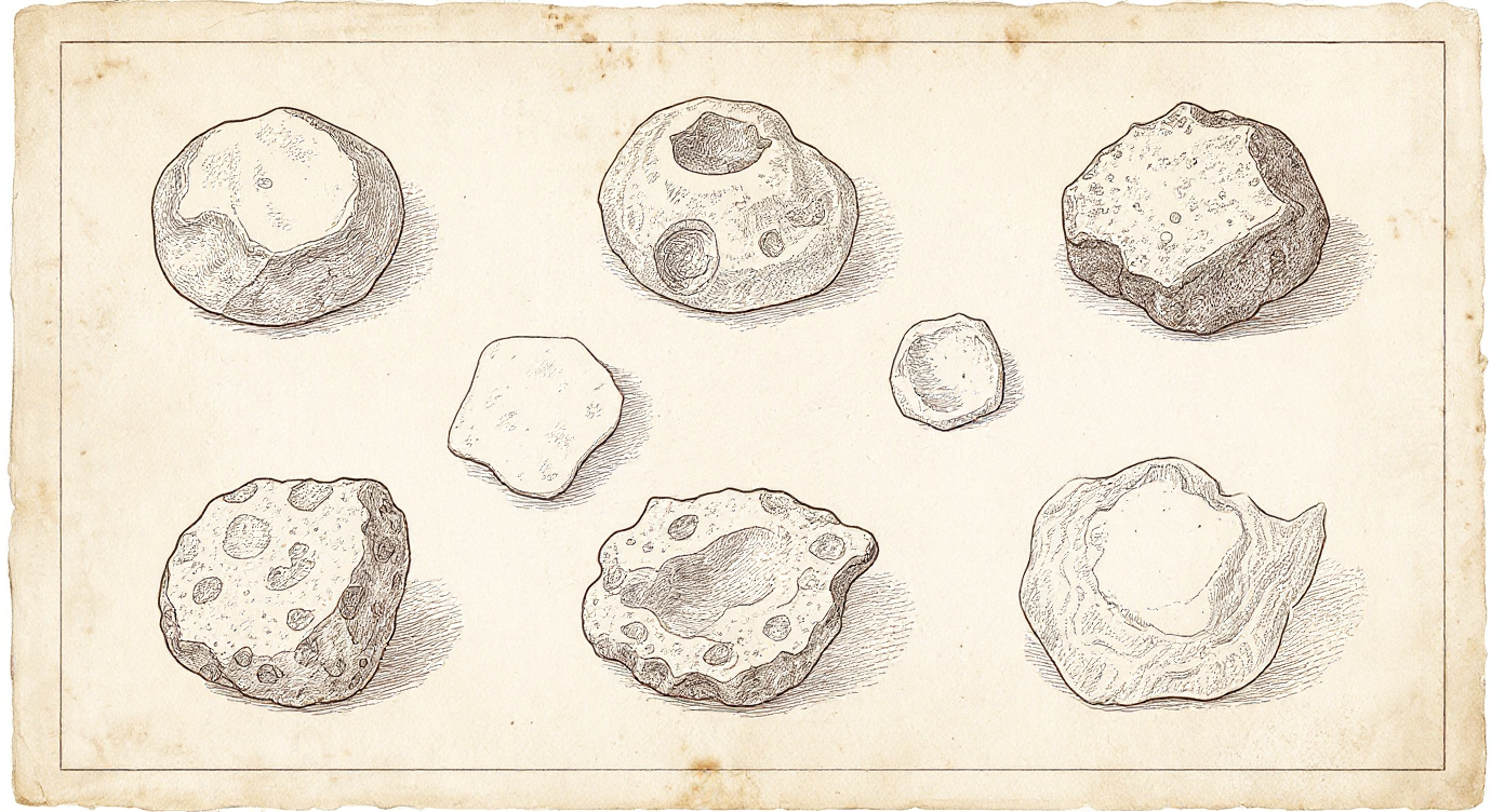 Da Vinci-style engraving — grid of trace mineral specimens from shilajit