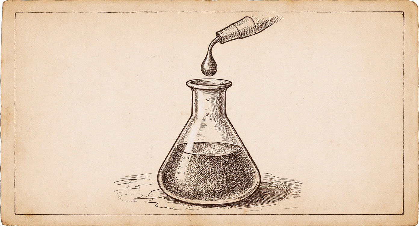 Da Vinci-style engraving — antique laboratory beaker with measured graduation marks and Renaissance pipette