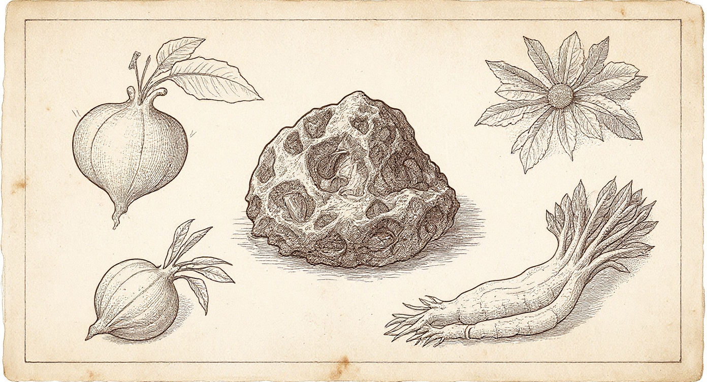 Da Vinci-style engraving — shilajit resin specimen surrounded by adaptogenic botanicals