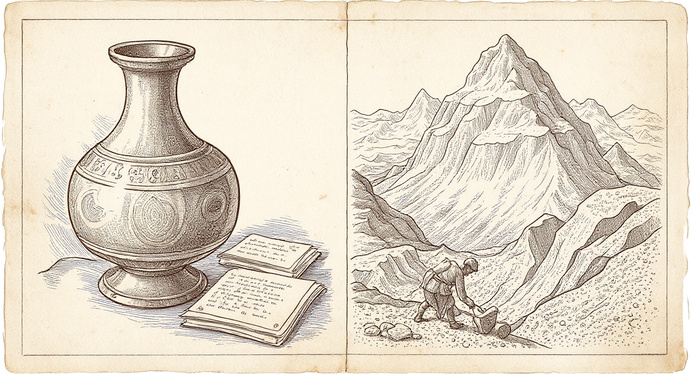 Da Vinci-style engraving — diptych showing Himalayan apothecary scene and Altai harvester scene