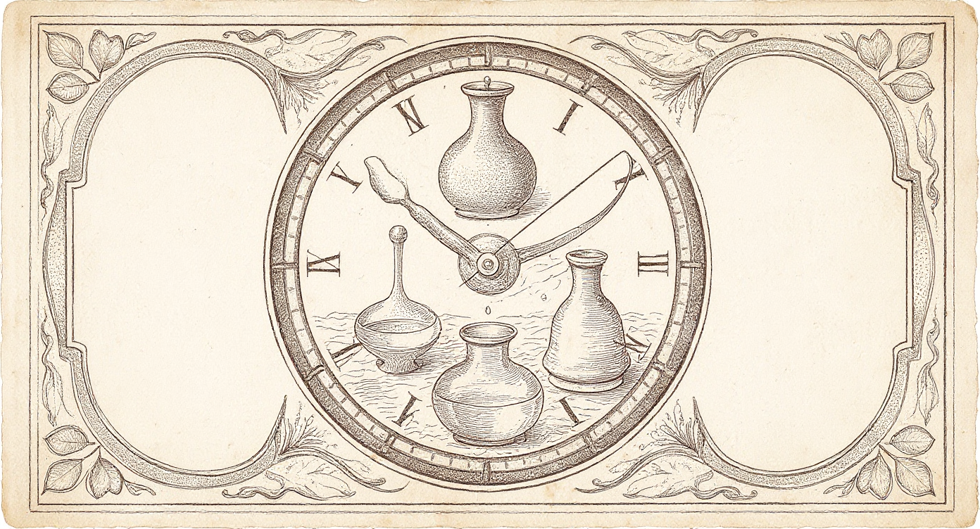 Da Vinci-style engraving — clock-face composition with daily shilajit ritual elements and botanical borders