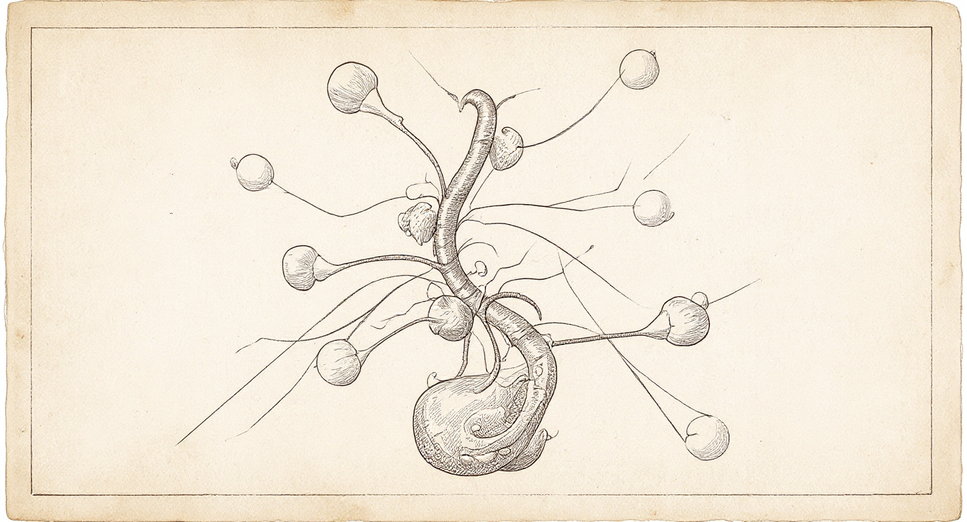 Da Vinci-style engraving — dibenzo-pyrone chromoprotein complex with electron-transport pathways