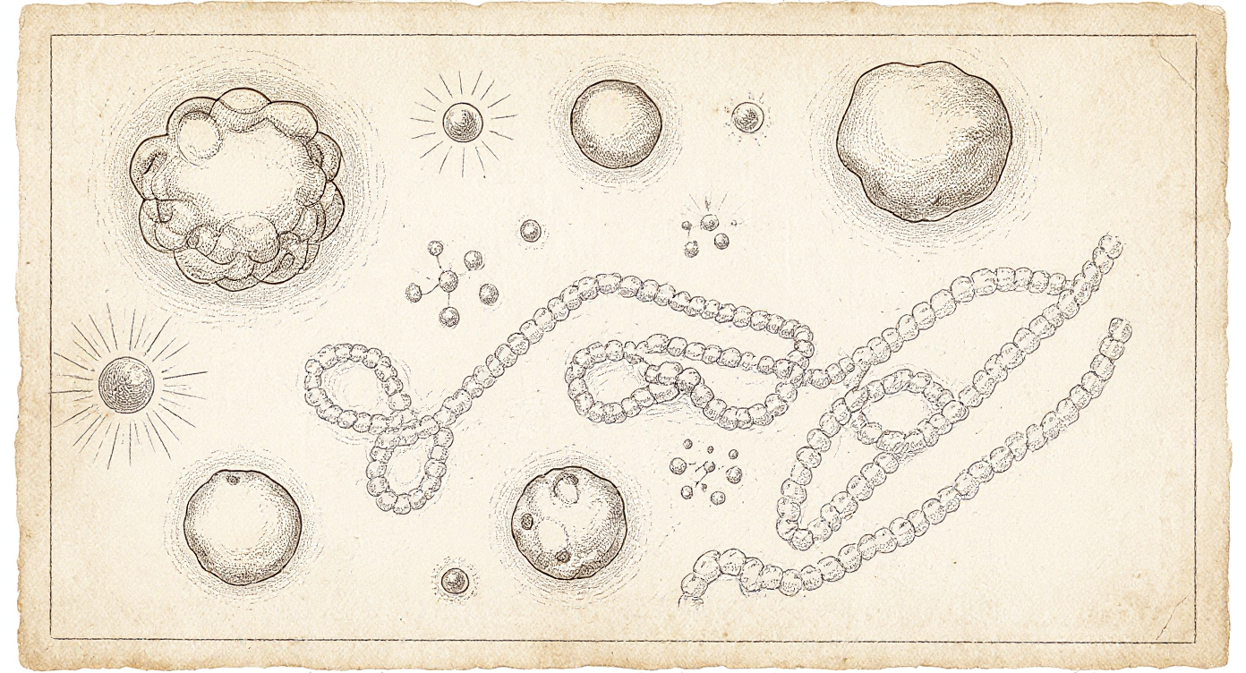 Da Vinci-style engraving — protein chains in various folding states surrounded by fulvic acid molecules