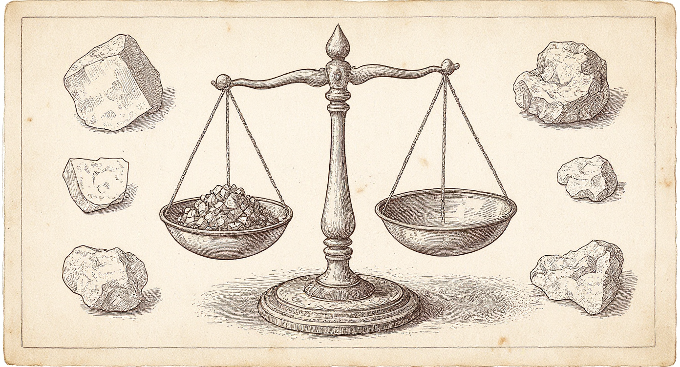 Da Vinci-style engraving — antique balance scale with mineral specimens illustrating modern mineral imbalances