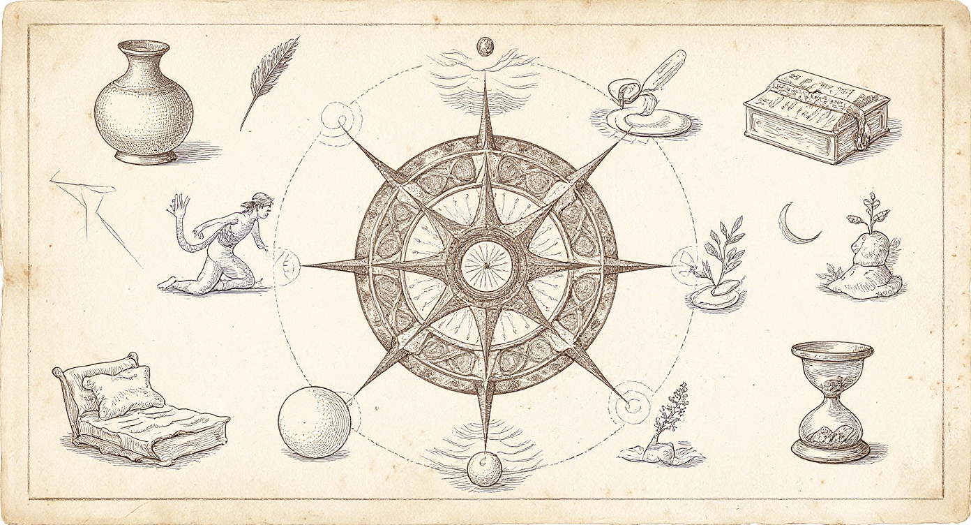 Da Vinci-style engraving — antique compass-rose with eight cardinal vignettes around a central shilajit resin specimen
