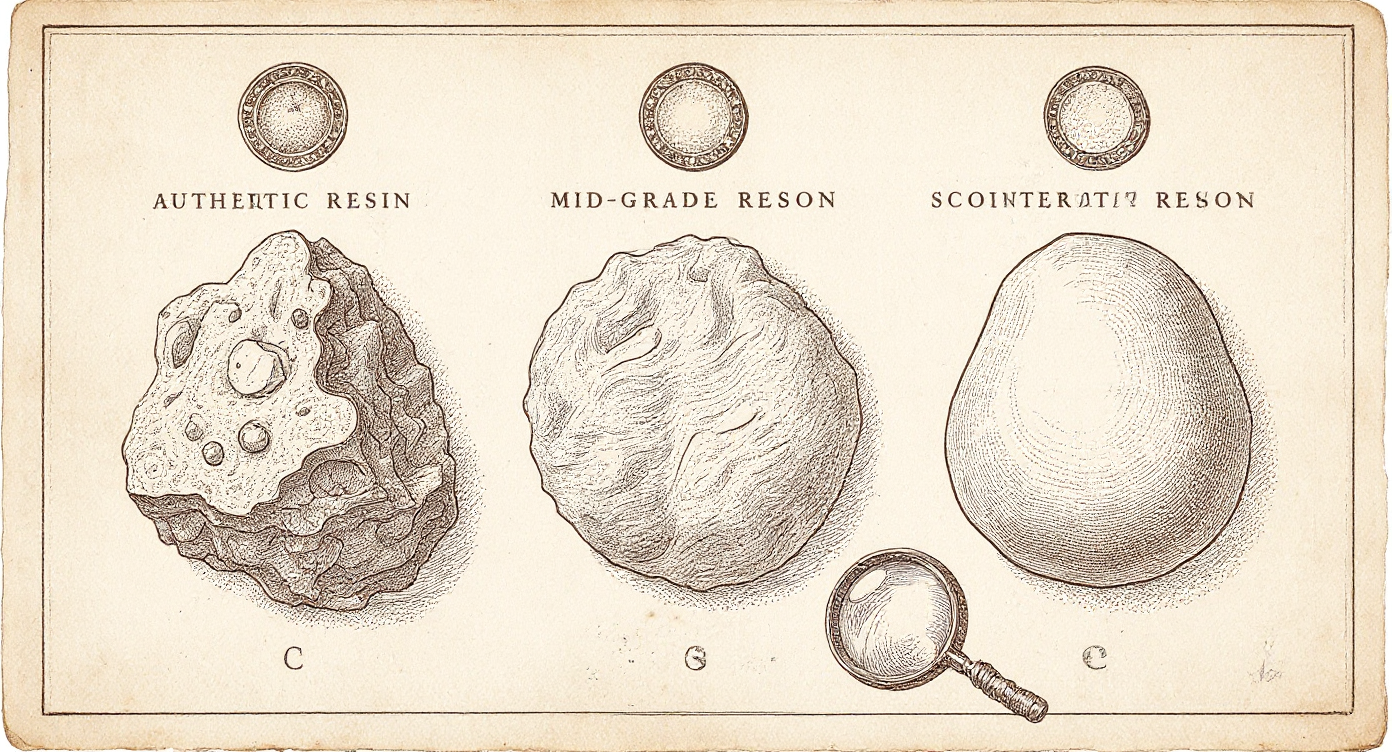 Da Vinci-style engraving — comparison plate showing three shilajit specimens under a Renaissance magnifying glass
