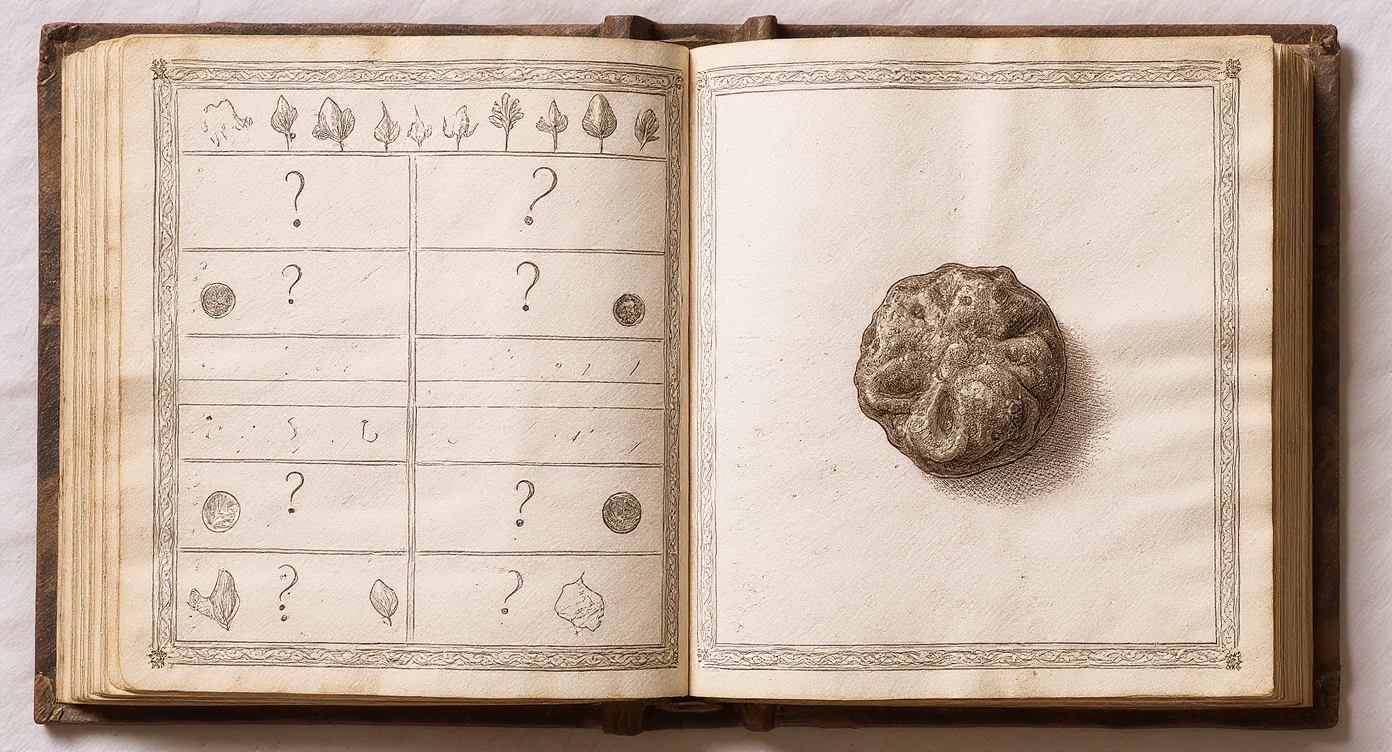 Da Vinci-style engraving — open Renaissance scientific notebook with shilajit specimen beside it