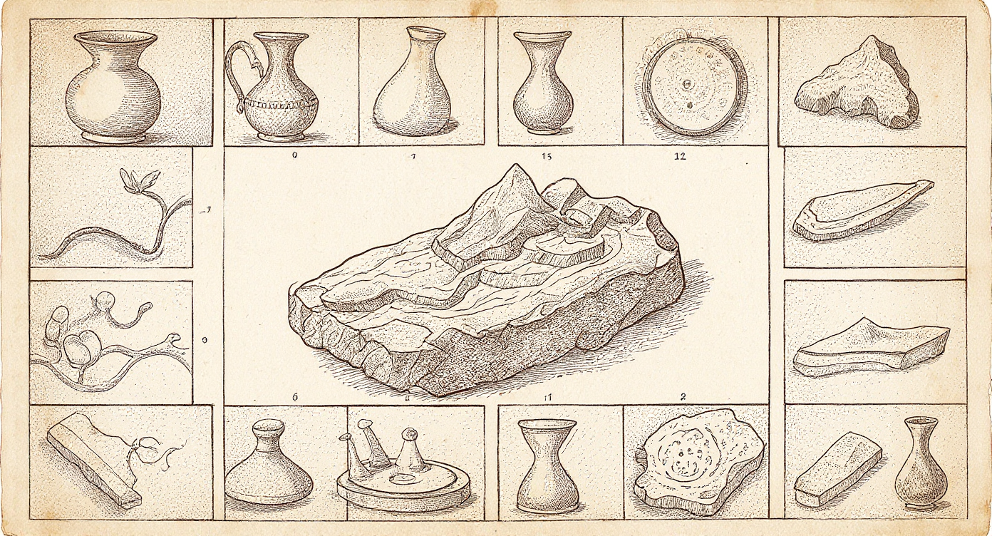 Da Vinci-style engraving — antique 90-day progression chart with 13 vignette boxes and central shilajit specimen