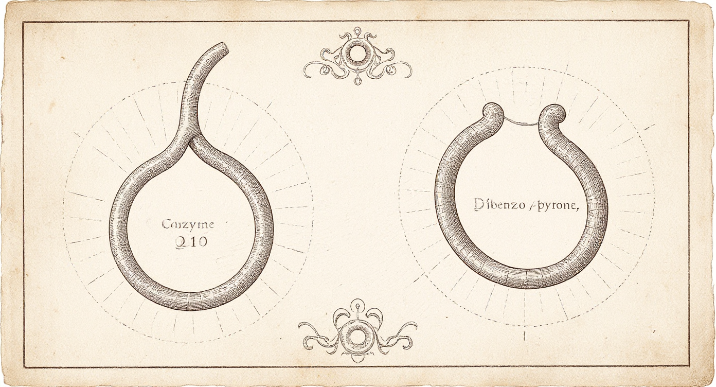 Da Vinci-style engraving — comparative chemistry plate showing CoQ10 and dibenzo-α-pyrone molecular structures