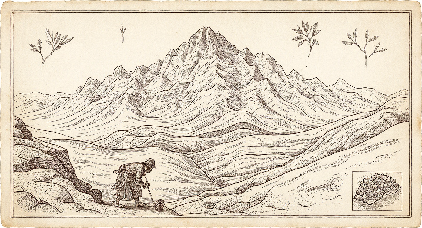 Da Vinci-style engraving — Altai mountain range scientific-survey plate with traditional harvester