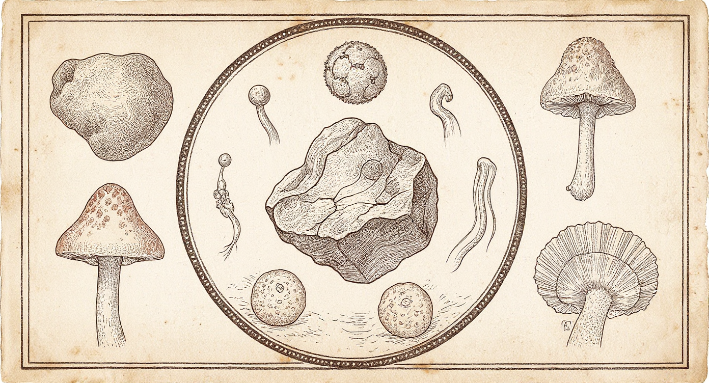 Da Vinci-style engraving — five-mushroom mandala around central shilajit specimen, antique scientific plate