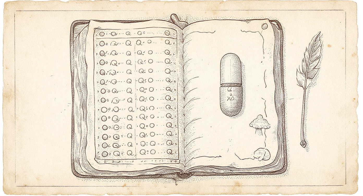 Da Vinci-style engraving — open Renaissance scientific notebook with mushroom illustrations and capsule beside it