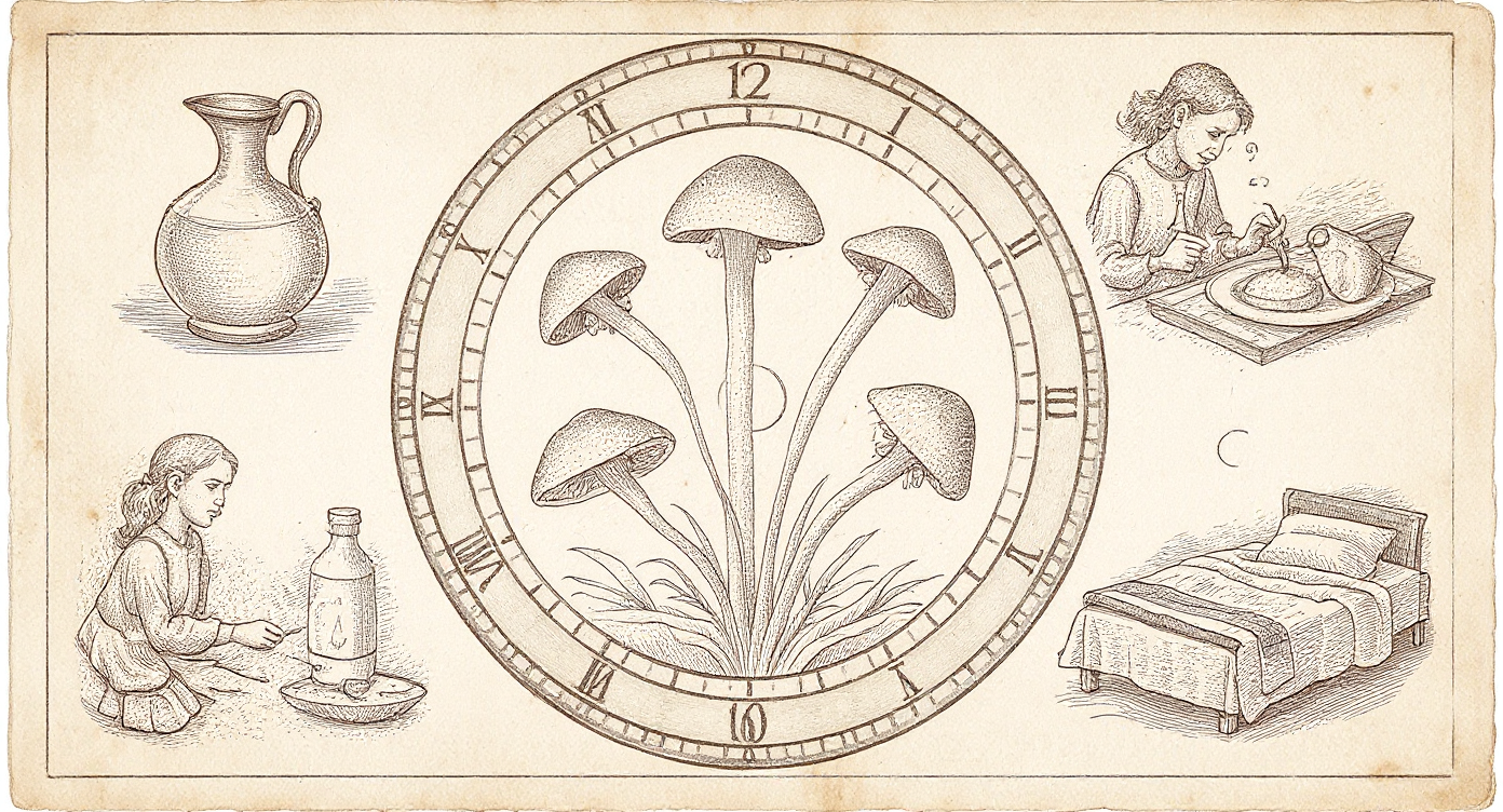 Da Vinci-style engraving — antique horologium clock-face with daily-rhythm vignettes and central five-mushroom mandala