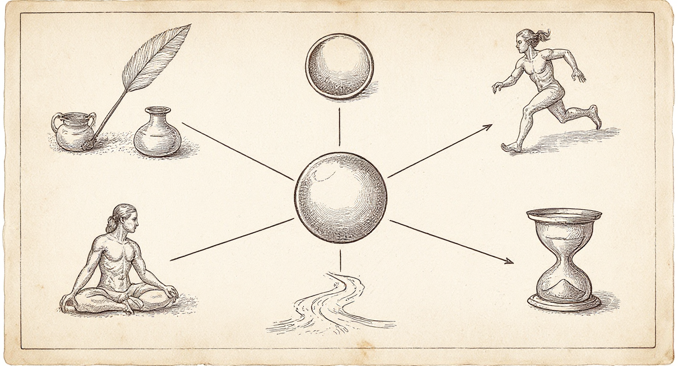 Da Vinci-style engraving — four-quadrant decision diagram with central botanical capsule specimen