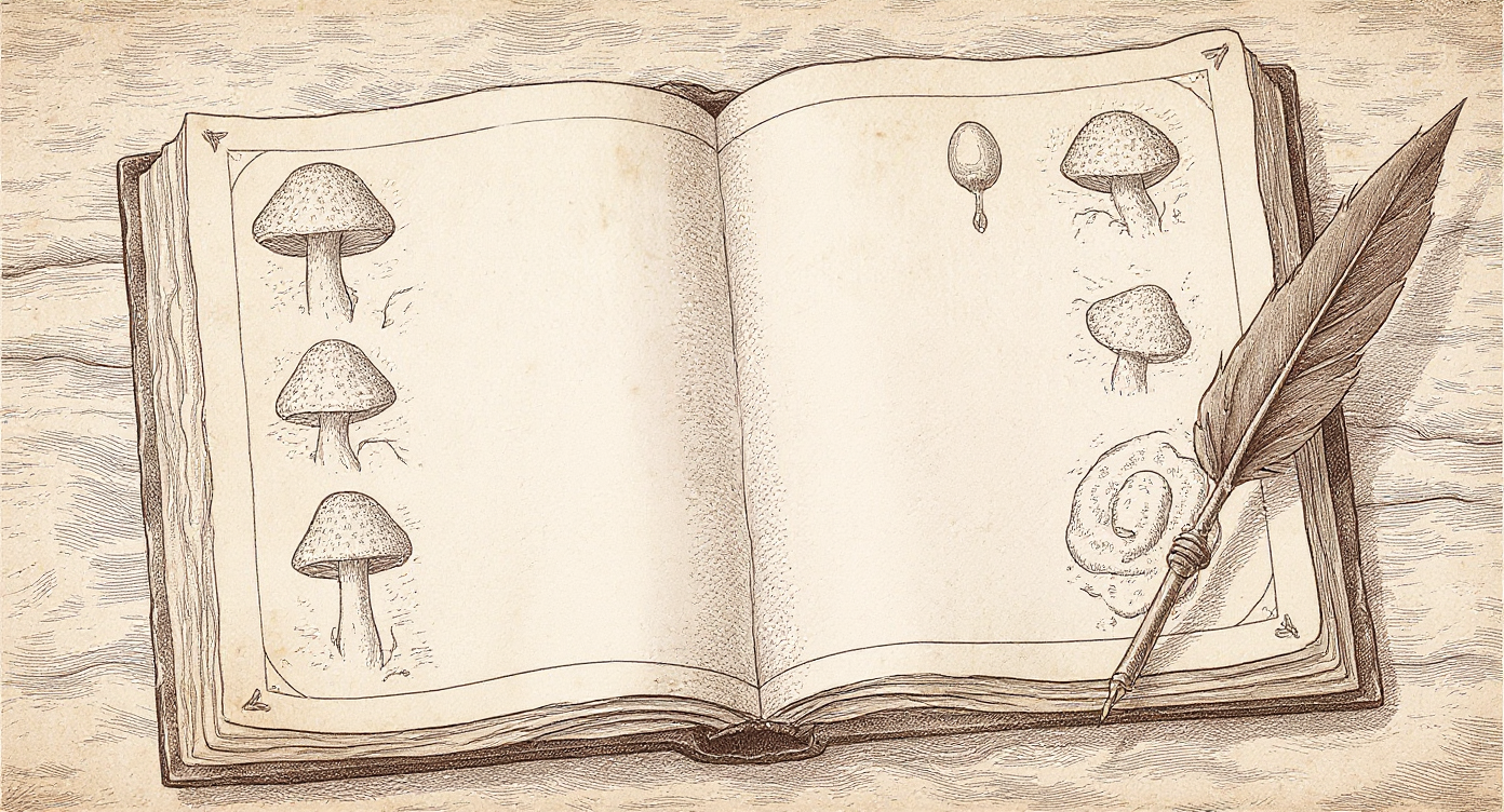 Da Vinci-style engraving — open Renaissance notebook with Lion's Mane and Cordyceps illustrations