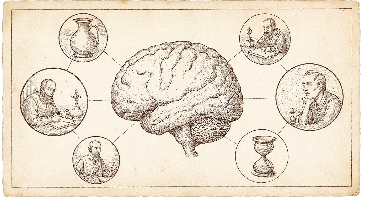 Da Vinci-style engraving — anatomical brain cross-section with six daily-life vignettes around periphery