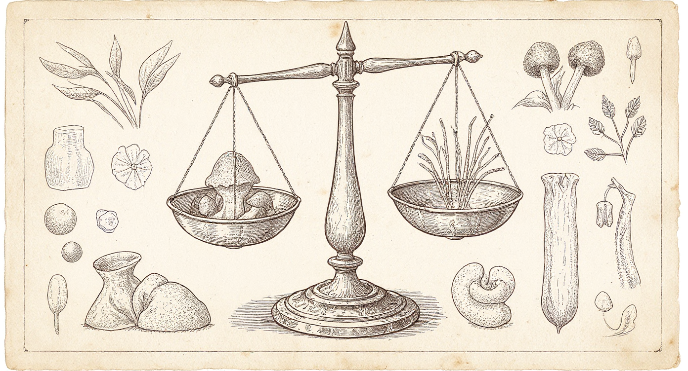 Da Vinci-style engraving — apothecary balance scale with Reishi and Cordyceps specimens in equilibrium