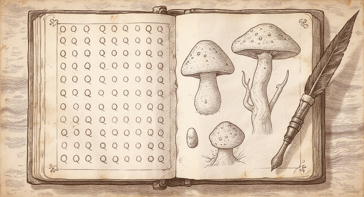 Da Vinci-style engraving — open Renaissance notebook with Reishi and Cordyceps illustrations