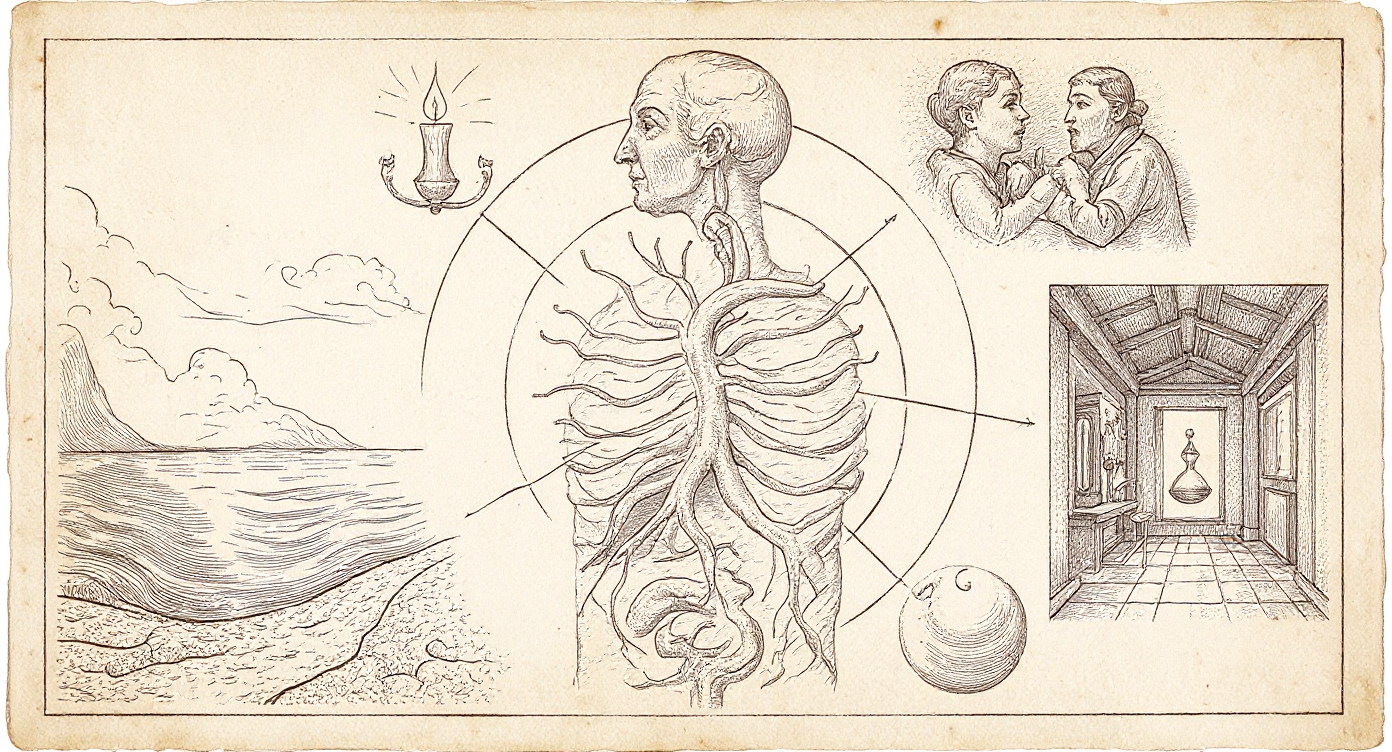 Da Vinci-style engraving — anatomical nervous-system diagram with six stress-context vignettes around periphery