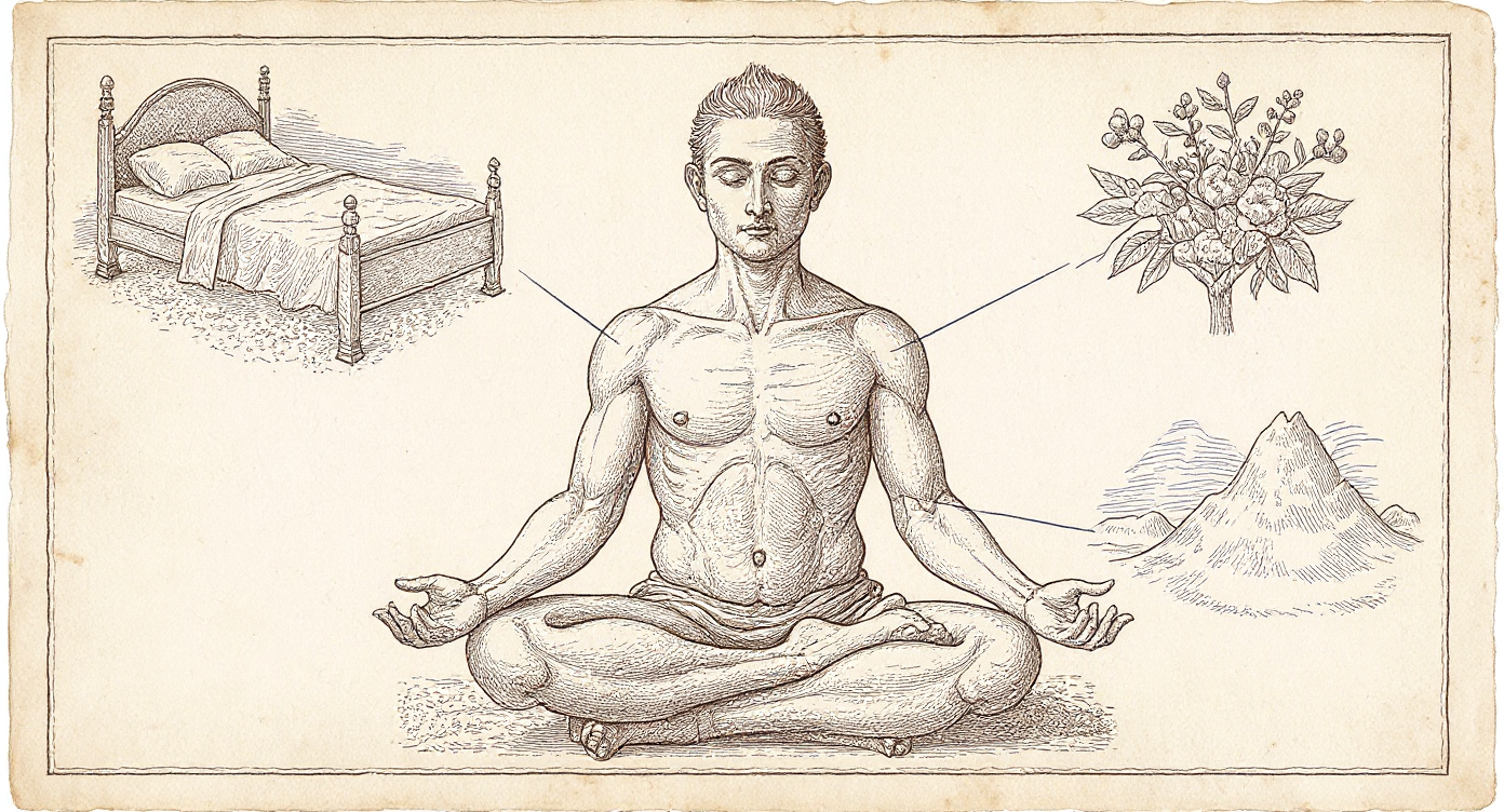 EMBODY decision frame — Da Vinci-style engraving with three radiating recovery, immune, and grounding pathways