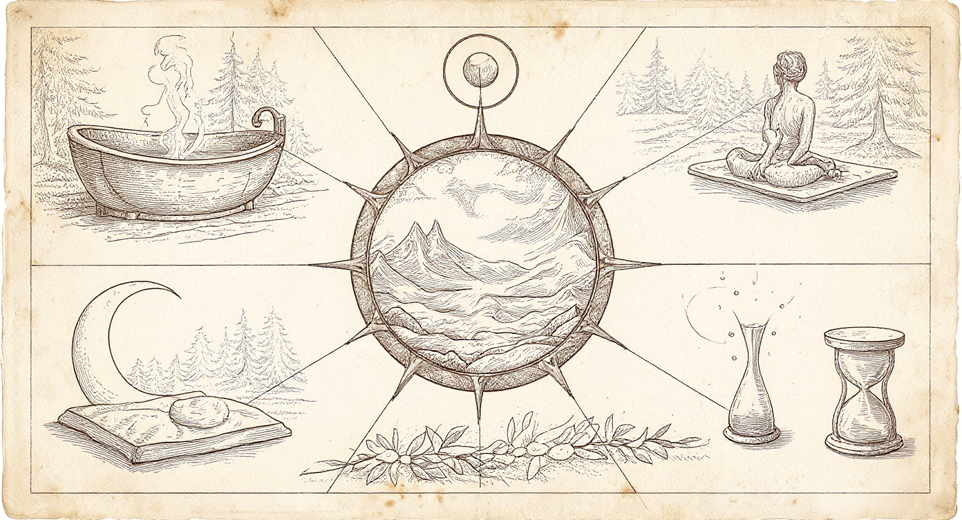 EMBODY in Practice — Da Vinci-style alchemical wheel with six engraved vignettes representing the six modes of body-grounded integration