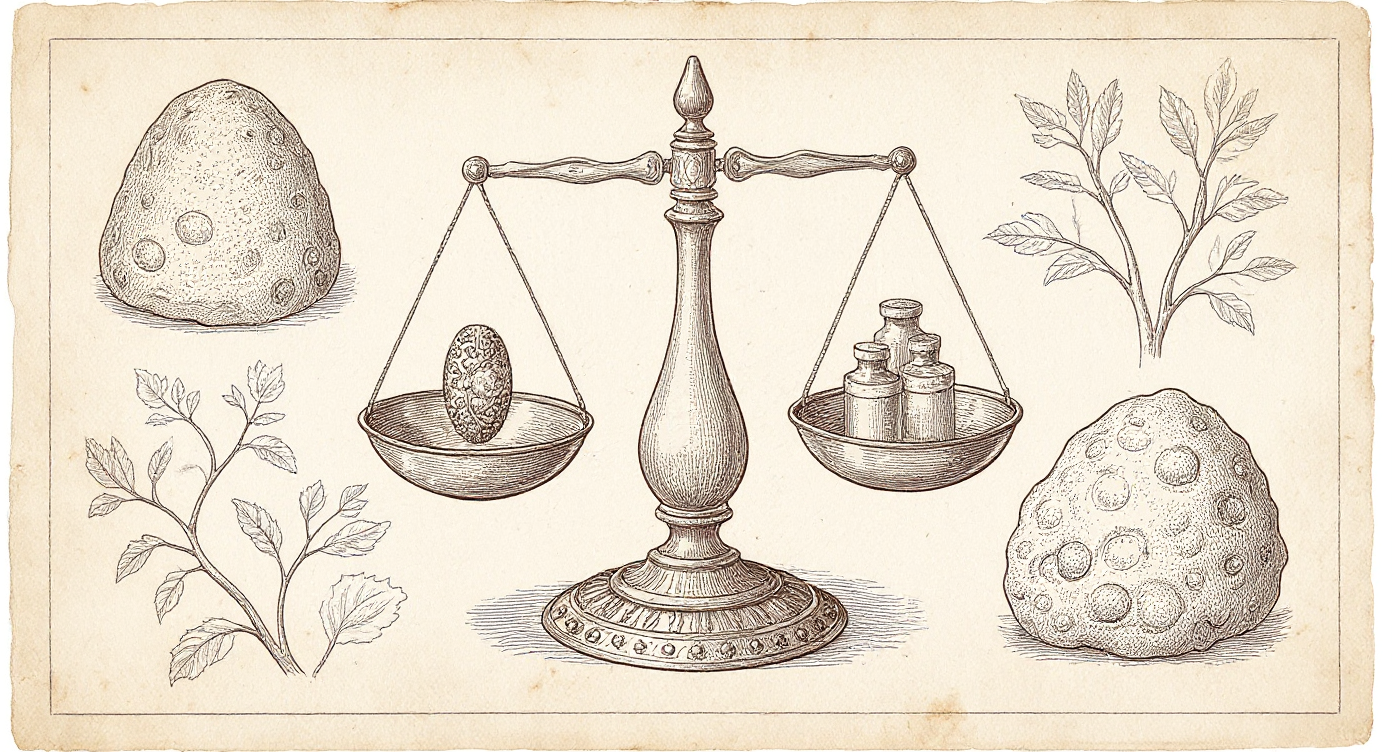 EUPHORIA premium-tier decision frame — Da Vinci-style engraving of an apothecary balance scale weighing the premium-tier capsule against the standard-tier line