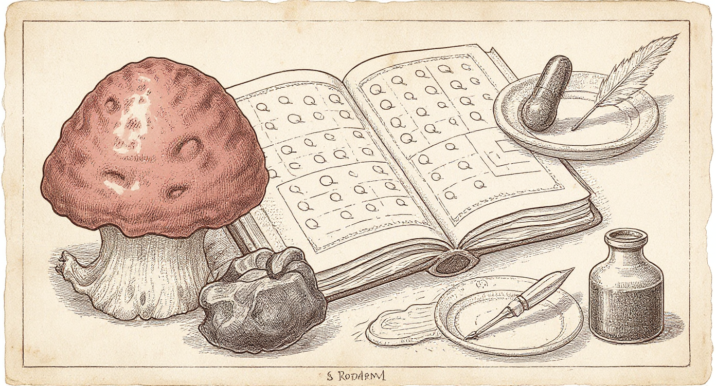 EUPHORIA FAQ — Da Vinci-style apothecary notebook with Reishi, Chaga, capsule, and shilajit specimens
