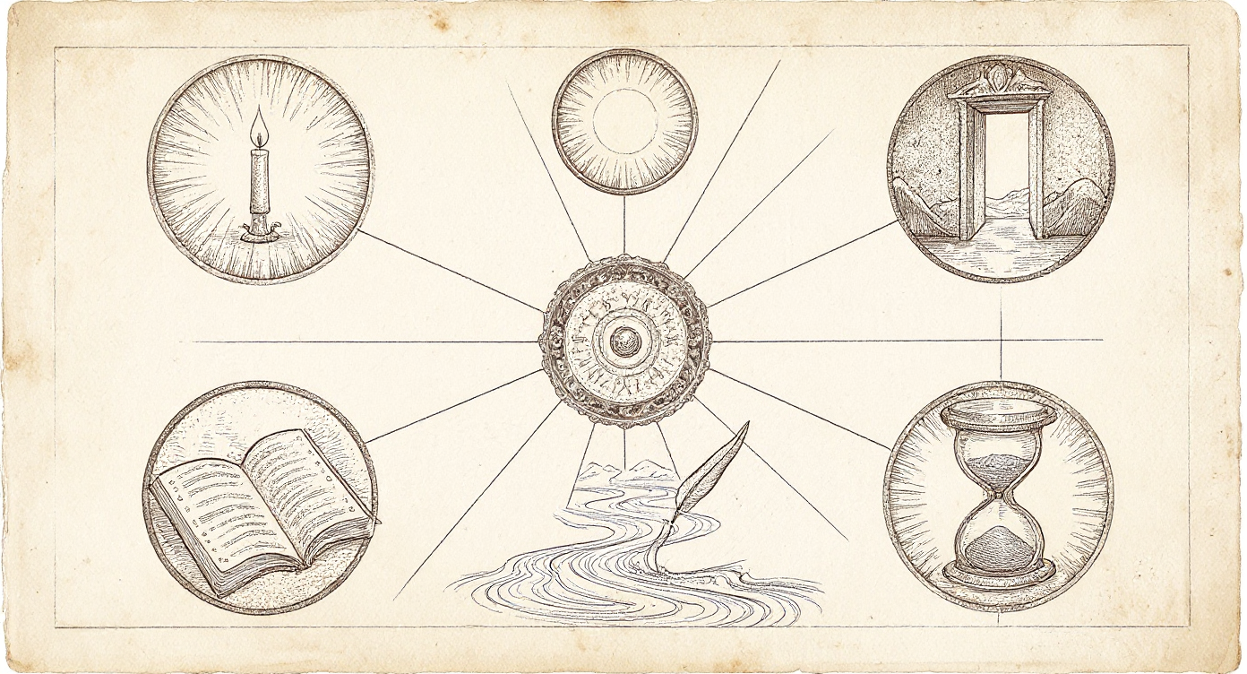 EUPHORIA in Practice — Da Vinci-style alchemical ceremonial wheel with six engraved vignettes representing the six ceremonial-arc modes