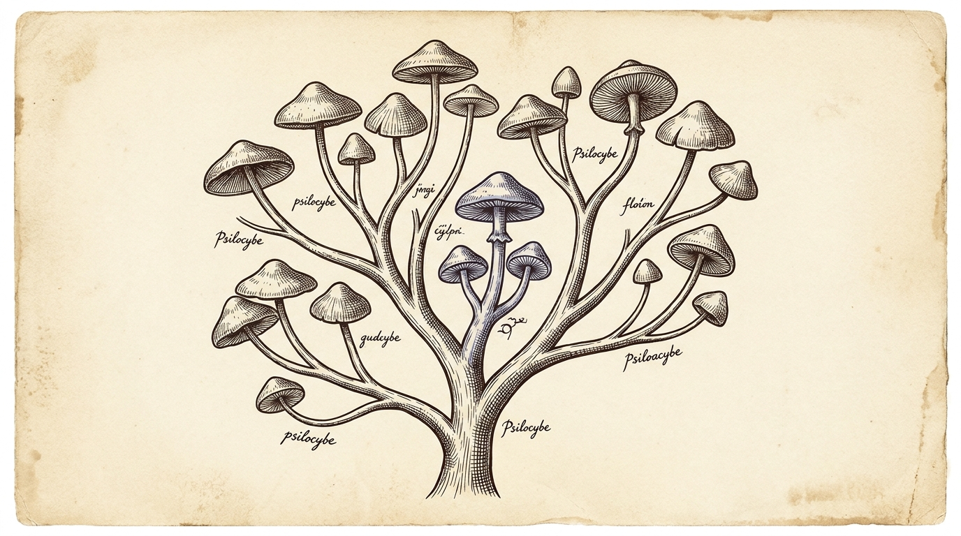 Botanical engraving of a phylogenetic tree of Psilocybe species with hand-drawn mushroom caps at each branch tip, cream parchment background with periwinkle accents