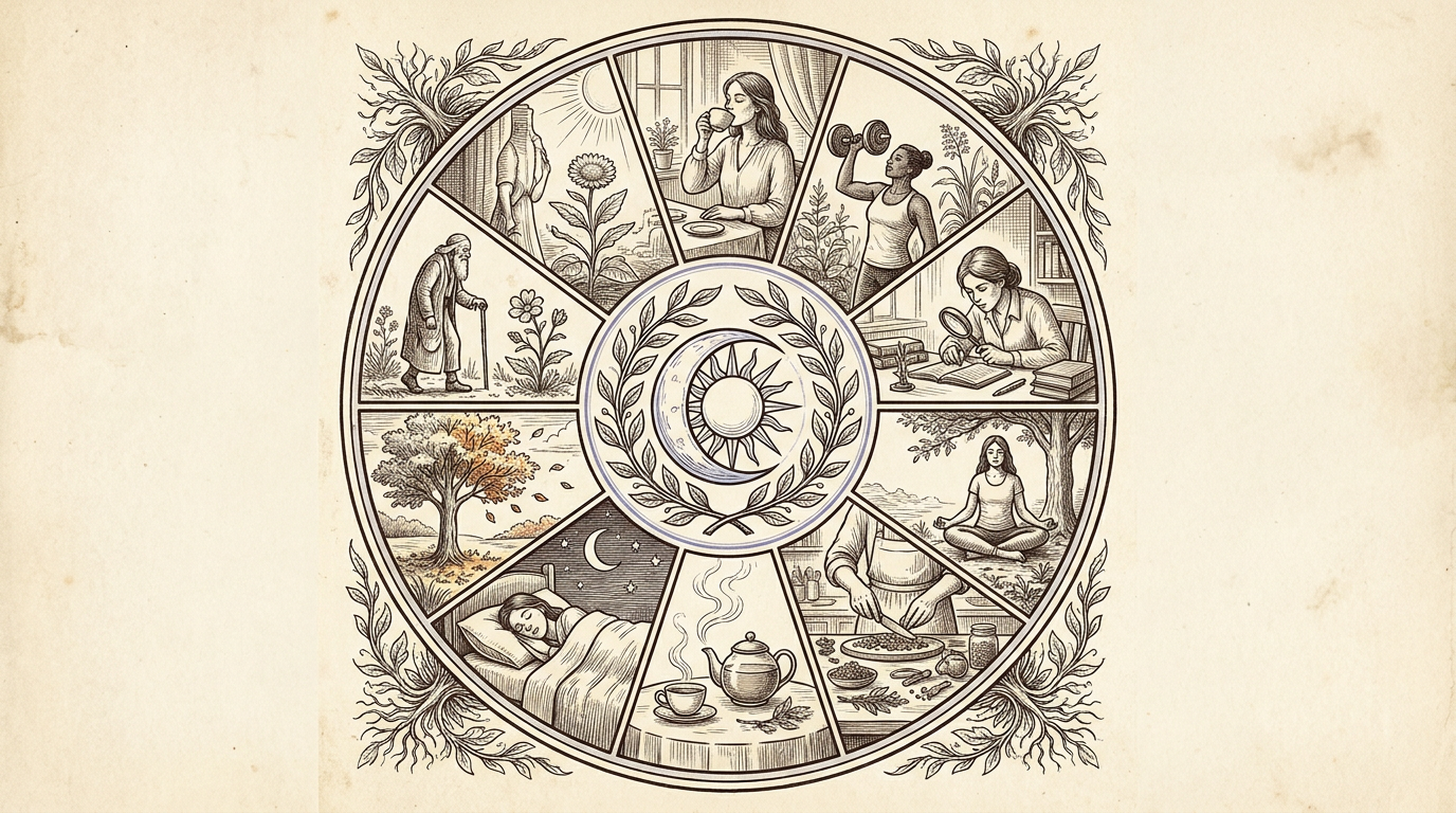 Editorial botanical mandala illustrating shilajit's nine modes of use across a daily practice, cream parchment and periwinkle ink engraving.