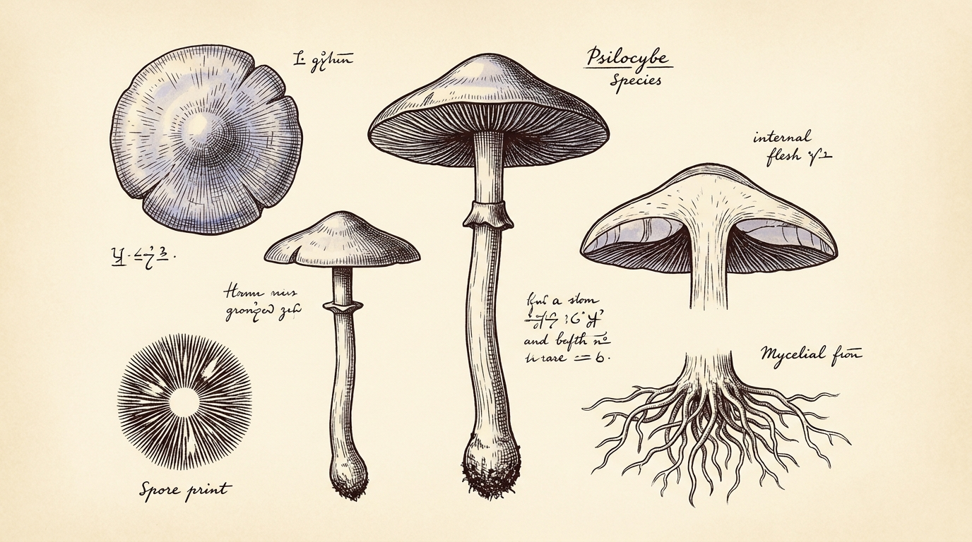 Editorial botanical engraving of a rare Psilocybe species presented as a vintage natural-history plate, cream parchment and periwinkle ink.