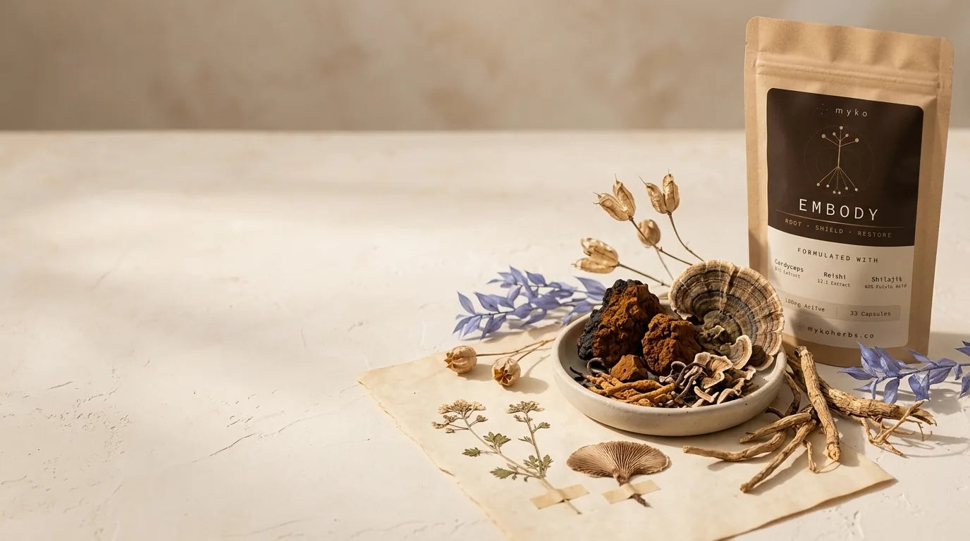 Apothecary still life of whole functional-mushroom fruiting bodies beside a MYKO pouch