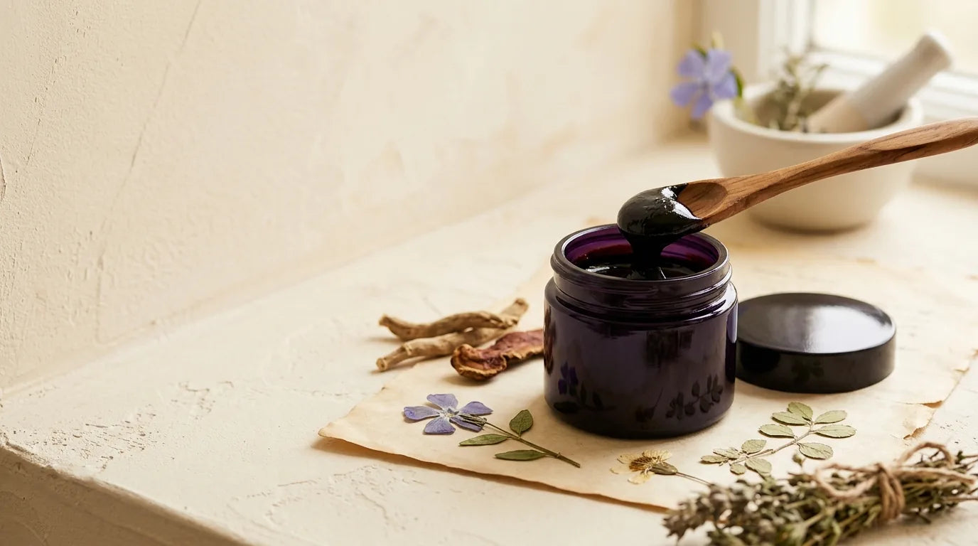 Shilajit resin in a violet glass apothecary jar — the absorption layer beneath every MYKO formula